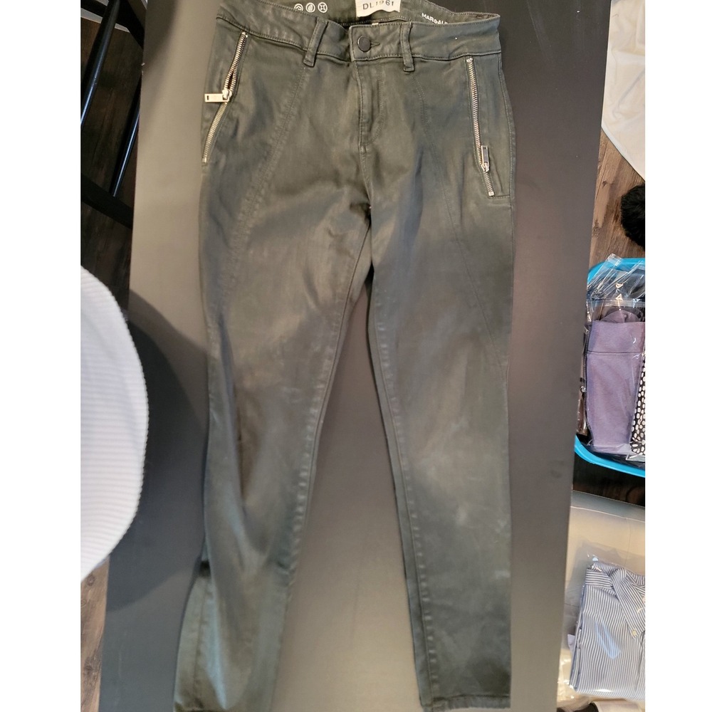 DL1961 Margaux Instasculpt Ankle Skinny Coated Moto Pants‎ Ivy Green Size 28